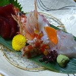 大喜庵 - 2013.09　お造り　鯛、はまち、海老、マグロ