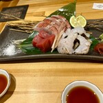 北新地ここの - 鮮魚刺身盛り合わせ。この日は炙り金目鯛、本鮪、鱧でした。鱧はすだちとお塩で十分なテイスト。