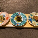 Series the Sky - 2.イベリコ豚 叉焼 3.鮪 アボガド 椒麻 4.クラゲ頭 九条ネギ 粒マスタード和え