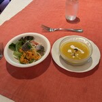 Chez 田坂（シェ・田坂） - R5.9  三戸浜産田中農園のカボチャの冷製スープ・イワシマリネのサラダ