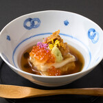 Raw yuba with sea urchin salmon roe and tortoise shell sauce