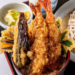 Set of two large shrimp Ten-don (tempura rice bowl) and soba noodles