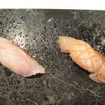 鮨あんりえるるかん - ランチのコース「色」の握り（炙り甘鯛、炙り金目鯛）