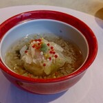 二人静 - ＜温物＞高原キャベツの茶巾蒸し　蕎麦の実餡掛け