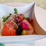 二人静 - ＜御造里＞信州サーモン、鯛皮霜造里、甘海老