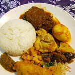 Warung Berkah Jaya - ビーフとチキンのルンダン(ココナッツ煮込み)、茹で卵、揚げナス、あちらのナムル、サンバル(青唐辛子メインのソース)などなど