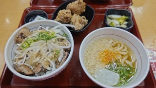 なか卯 - 旨塩ダレかつおのたたき丼(ハイカラうどん小セット)+鶏の唐揚げ3個