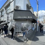 宍道湖しじみ中華蕎麦 琥珀 - 開店前は日傘があります。記帳のシステムは無くなったようですね。
