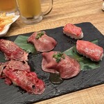 KUSHIEMON - （肉寿司） 牛たん　￥３８５ 牛カルビ　￥４３８ 牛もも　￥４３８　各×２