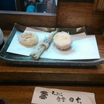 天ぷら食堂 田丸 - 煮たまご、アスパラ、玉ねぎ
                                