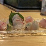 天史朗鮨 - お刺身盛り合わせ（まつ鯛、真鯛昆布締め、平目、カマス）