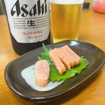 博多とんこつ 大晃ラーメン - めんたいこ1/2と瓶ビール