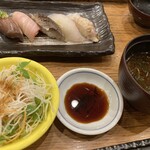 にぎり鮨 一五〇 - 5貫盛りランチ700円　握り5貫、サラダ、味噌汁