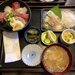 魚亥子 - 朝〆カンパチとマグロのミックス丼＋お刺身