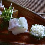 千松しま - 【牡蠣の燻製オイル漬け、甘鯛の寿司、胡瓜と鰆に尾花】★2013/9