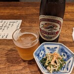 竹波 - お通し水菜のおひたしとキリンラガービール