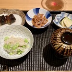 豪龍久保 - 枝豆ご飯 鰻八幡巻 きんぴら 茄子漬物 味噌汁