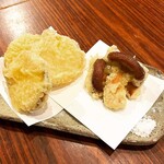 Charcoal-grilled sweet potato (Beniharuka) and seaweed shiitake mushroom (Hachijojima) Tempura