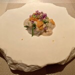 エクアトゥール - かわはぎのカルパッチョ 肝と雲丹のソース