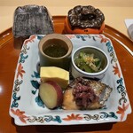 銀座 しのはら - 鰆照り焼きに柴漬け　大徳寺麩・クラゲ・きゅうりの酢の物　チーズ入り玉子真薯　丸十(さつまいも) もずく酢