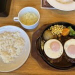 hamba-gusute-kisemmonnomise - デミたまハンバーグステーキダブル ライスとスープ付