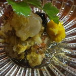 松川 - 伊勢海老の炙り、防風と菊、岩茸、味噌と土佐酢のジュレで2