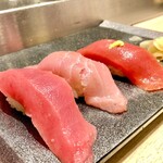 梅丘寿司の美登利 - お好み鮪3種　漬け　赤身　中トロ