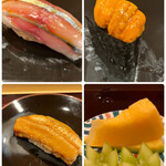 すし繁 - 昼のおまかせ８０００円。鯖、ウニ、穴子、メロンとシャインマスカット。ウニが今回も良かったです。