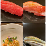 すし繁 - 昼のおまかせ８０００円。づけ、大トロ、花咲蟹、小肌。鮪の質も良いですね。このお値段のコースに出てくるレベルを遥かに凌ぐ大トロでした。