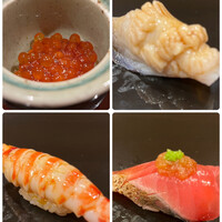 すし繁 - 昼のおまかせ８０００円。新物いくら小丼、北寄貝、車海老、藁焼きカツオ。味噌を挟んだ車海老は、相変わらずの美味しさです。私にとっては穴子以上にこちらのスペシャリティです。