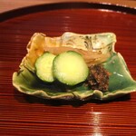 京味 もと井 - 香の物：胡瓜、鵜殿きんぴら、蕗味噌。