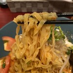 THAIFOOD マイペンライ - 平麺。タレは汁無し坦々麺を酸っぱくしたような味。
辛味は少ない。