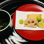 石葉 - 毛蟹春巻・蓮・新銀杏、金時草酢浸し