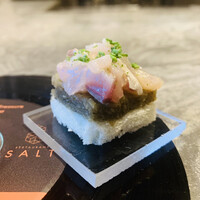 RESTAURANT SALT - ①【鯵、茄子】
                    　トースト、焼き茄子+生姜、大分産鯵のオリーブオイルマリネ、紫蘇花穂のせ
