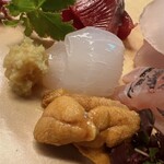 割烹 白鷹 - 水イカです。瀬戸内ではいわゆる剣先イカ。その下は赤ウニです