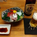 Sakagura Morimori - 刺身盛り合わせとビールでスタート