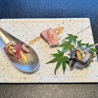 鉄板焼 さがみ - 前菜(イチジク、ポーク、ヒメサザエ)