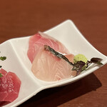 酒肴場 屯 - ツムブリ、真鯛の昆布〆、縞鯵の炙り