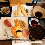 Oosaka Abeno Aka No Ren - 令和5年9月
      寿司天ぷら定食 税込1188円
      寿司7貫盛り、天ぷら盛り合わせ、小鉢、汁物