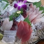 活魚問屋 海寶 - 豪華な刺身盛り　かつおたたき、コロダイ、なしふぐ(讃岐フグ)、さより、マグロ、さんま、活イカ