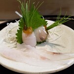 末広寿司 - ◆コチの刺身
      手前：塩、芽ネギ：ポン酢のジュレ