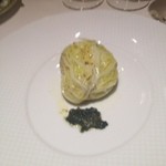 レストラン アラジン - 鮑とセップ茸の縮緬キャベツのブレゼ　肝ソース添え　2013-10