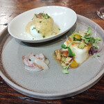 linne yutenji - 前菜（やりいかと梅肉、大山の豆腐、うふマヨ）