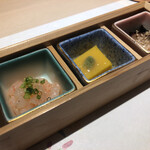 名古屋 栄 栞庵 鮨 やましろ - 甘エビの塩辛・南京豆腐・タコの柔らか煮