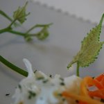 ココ・ファーム・カフェ - （魚料理アップ）ぶどうの芽は食べられないので飾りだけ。カエルの手みたい。