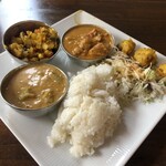 DELHI Dining - ランチブュッフェ　右からチキンアチャール、野菜のサブジ、オクラのカレー