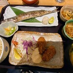寅福 - 秋刀魚と牡蠣フライの2種盛り定   栗の炊き込みご飯
