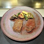 神戸牛 個室 ステーキ 吉祥 - ・新鮮野菜の鉄板焼き（紅くるり大根、ステーキ椎茸、鳴門金時、青茄子、オクラ）
      ・鹿児島県産黒華牛サーロイン50g
      ・仙台牛フィレ50g