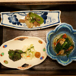 花仙庵 仙仁温泉 岩の湯 - ほうれん草のお浸し、長野産のモロッコいんげんの胡麻和え、牛肉の旨煮.