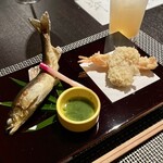 箱根ふうら - 一、焼き物
『アユの塩焼き』
『海老アーモンド揚げ』
『南瓜天ぷら』